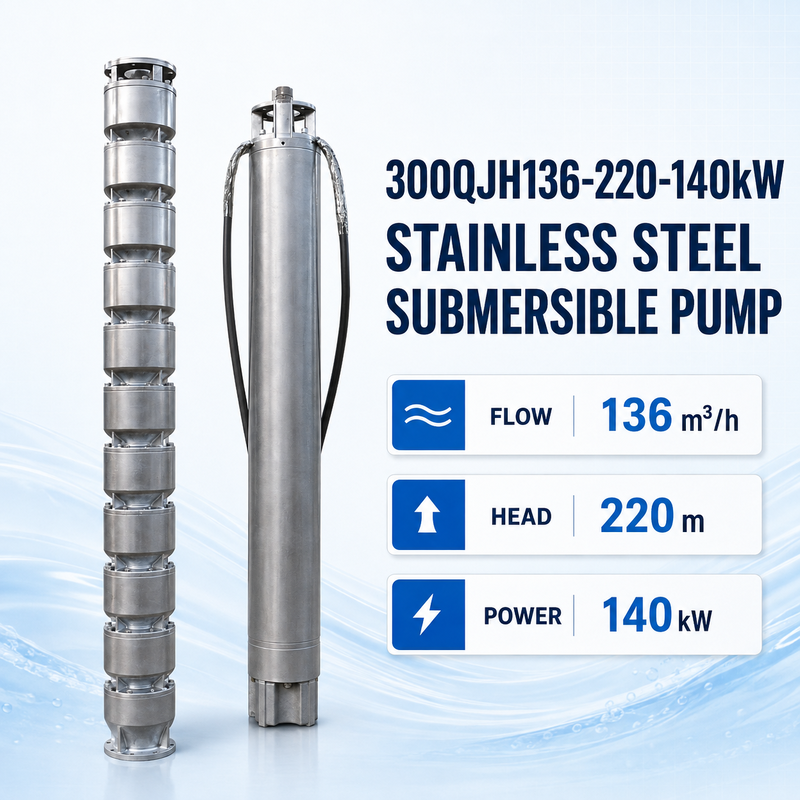 Bơm chìm bằng thép không gỉ 140 kW với cột áp 220 m và lưu lượng 136 m³/h cho ứng dụng giếng sâu