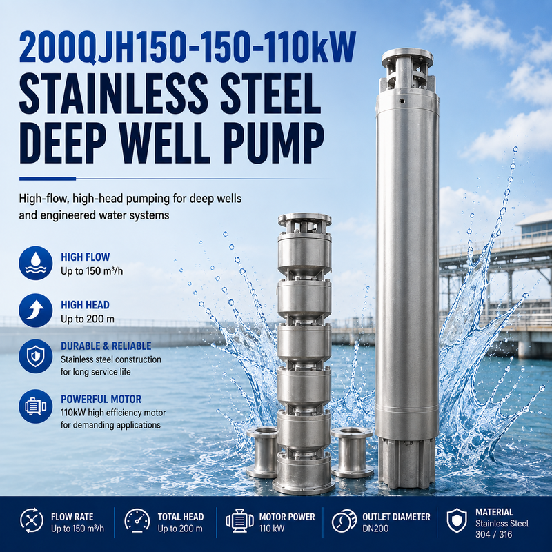 200QJH150-150-110kW Máy bơm giếng sâu thép không gỉ Lưu lượng cao, bơm đầu cao cho giếng sâu và hệ thống nước kỹ thuật
